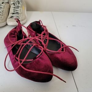 Free Reigh Burgundy, Lace Up Ballet flat, ankle lace up, velvet size 9